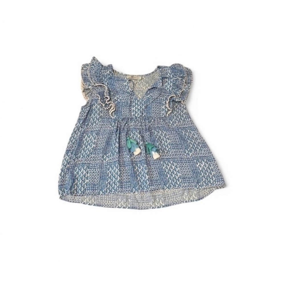 Vineyard Vines Patchwork Ruffle Sleeve Top, Size Medium. Blue, white and teal.